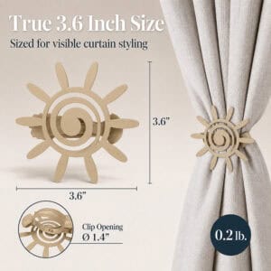8- Matte gold sun tieback shown at true three point six inch size with a one point four inch clip opening detail.