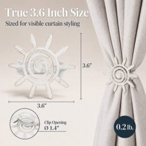 8- White gold sun tieback shown at true three point six inch size with a one point four inch clip opening detail.
