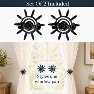 9- Two black silver sun tiebacks included per set, shown above a window pair styling both curtain panels symmetrically.
