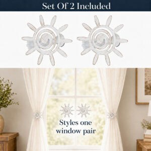 9- Two distressed white sun tiebacks included per set, displayed above a window pair styling both curtain panels evenly.
