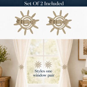 9- Two matte gold sun tiebacks included per set, shown above a window pair styling both curtain panels symmetrically.