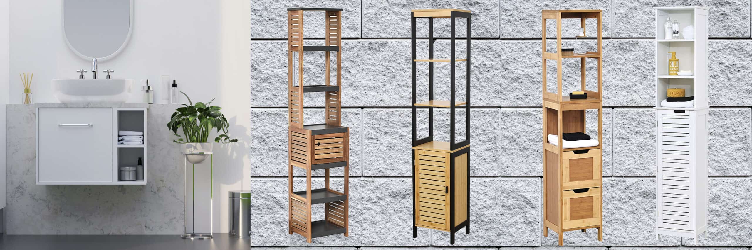 Bathroom Linen Storage Tower Cabinet Cebu Bamboo - Black Wood