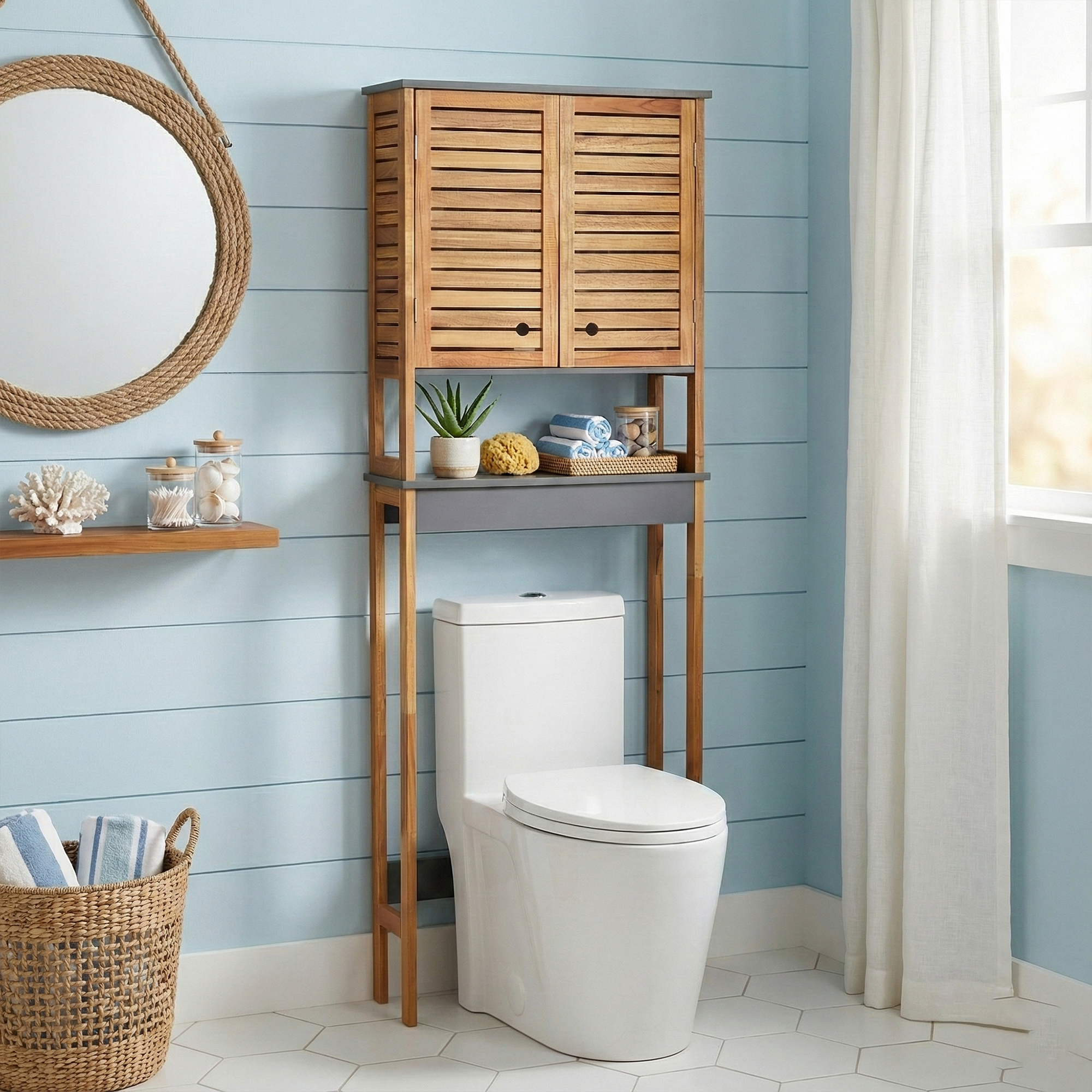Over-the-Toilet Storage Cabinet with Gray Accents – Wooden storage cabinet with louvered doors and gray details.
