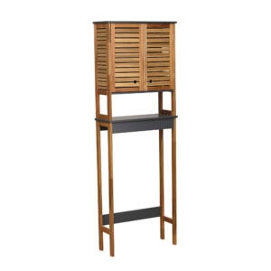 Over-the-Toilet Storage Cabinet with Gray Accents – Wooden storage cabinet with louvered doors and gray details.