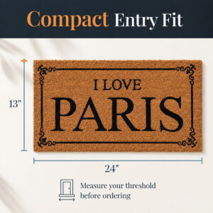 I Love Paris printed coconut door mat dimensions 24 x 13 inches, compact entry fit