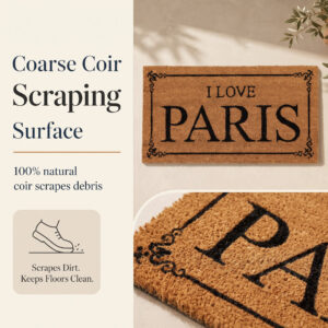 Close-up of the coarse coconut fiber surface of the I Love Paris door mat that scrapes dirt from shoes