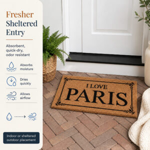 I Love Paris coco door mat at a sheltered entry on a herringbone brick floor, absorbs moisture and dries fast