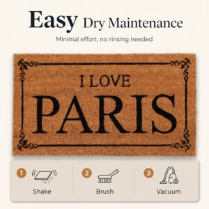 I Love Paris coconut door mat easy dry care in three steps: shake, brush and vacuum