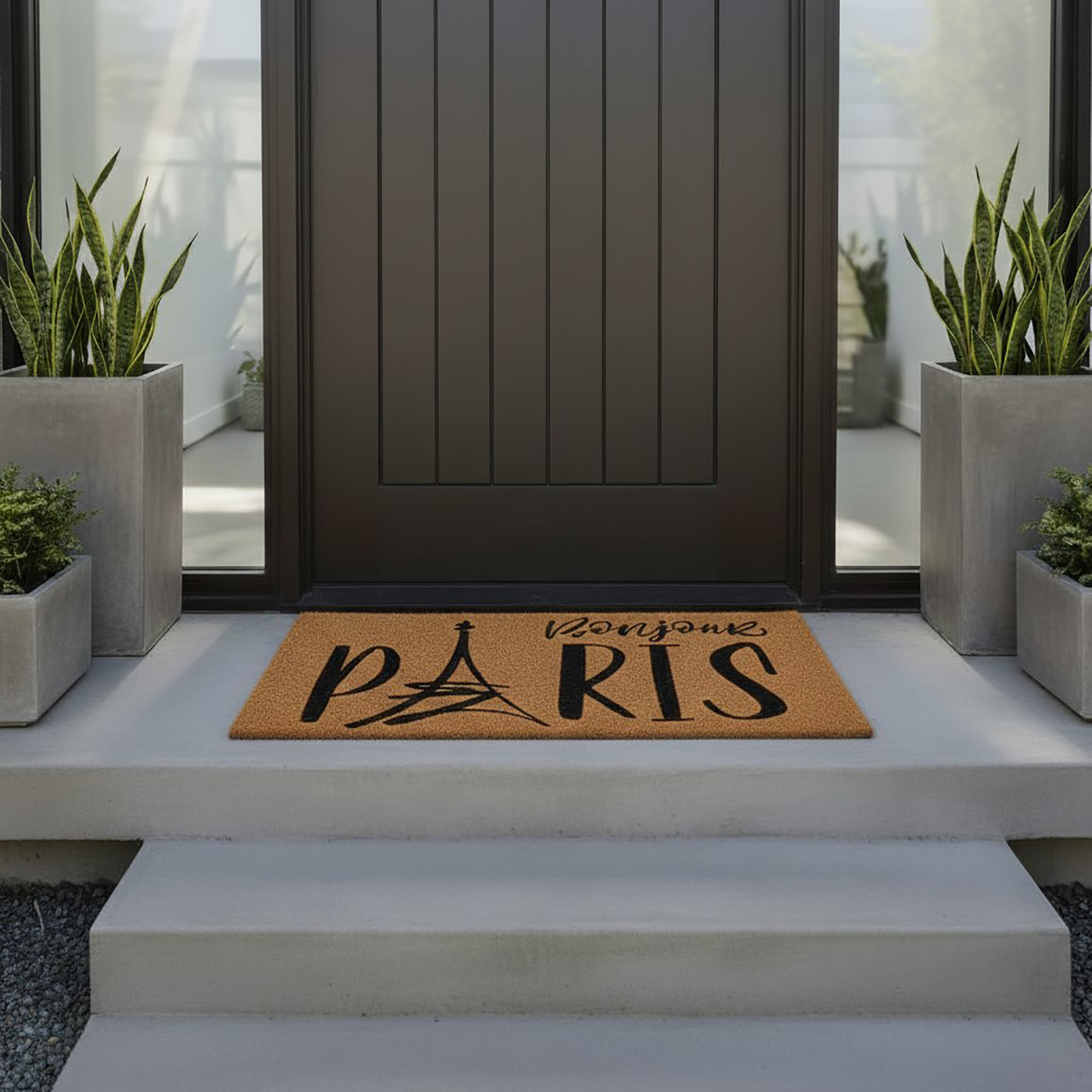 Bonjour Paris coir doormat placed at modern dark front door with planters