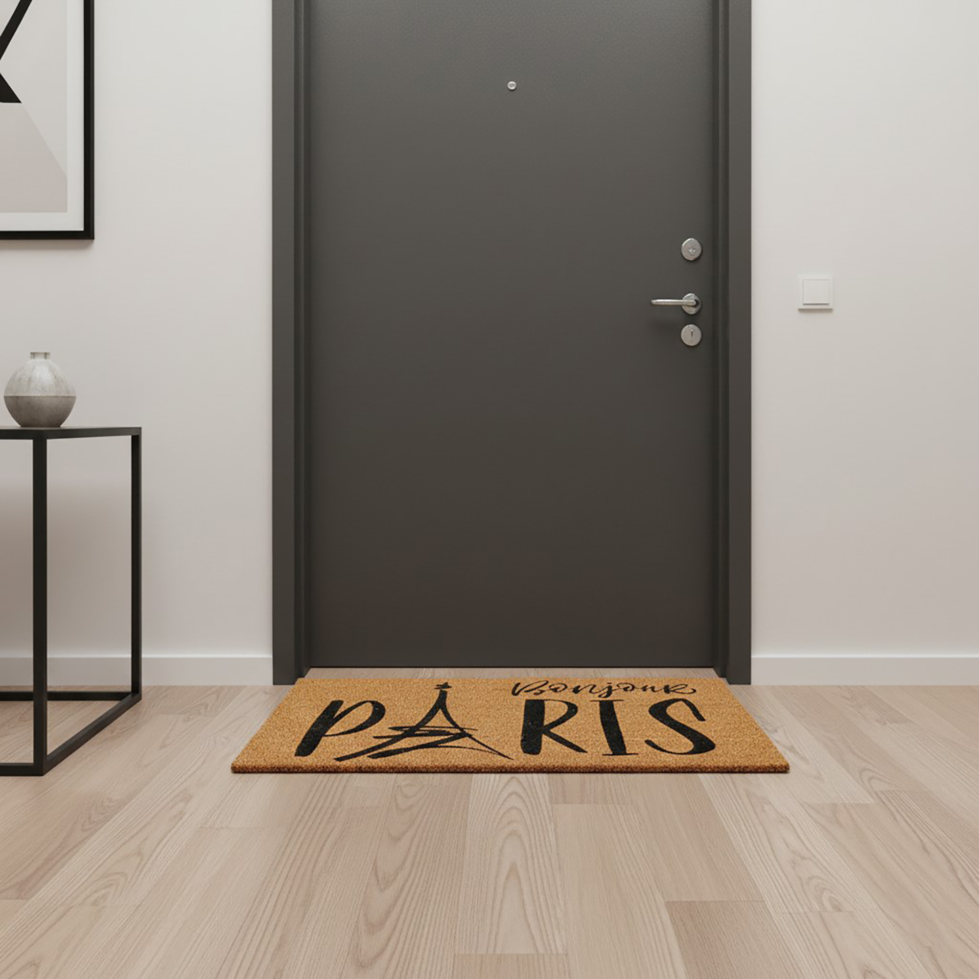 Bonjour Paris natural coir doormat inside apartment hallway at entry door