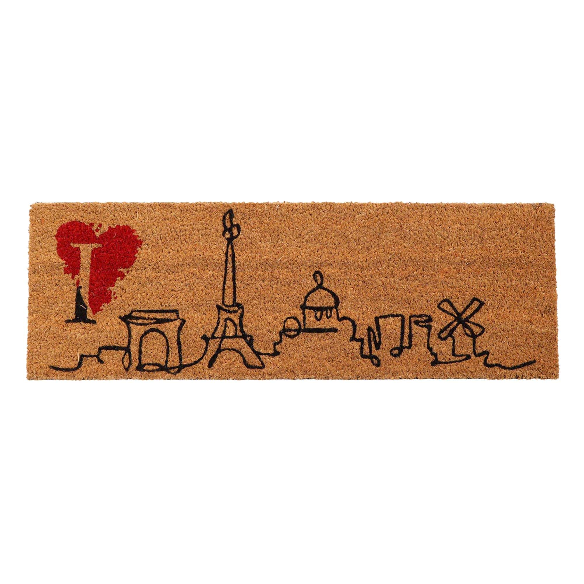 narrow coir mat with Paris city print on white background