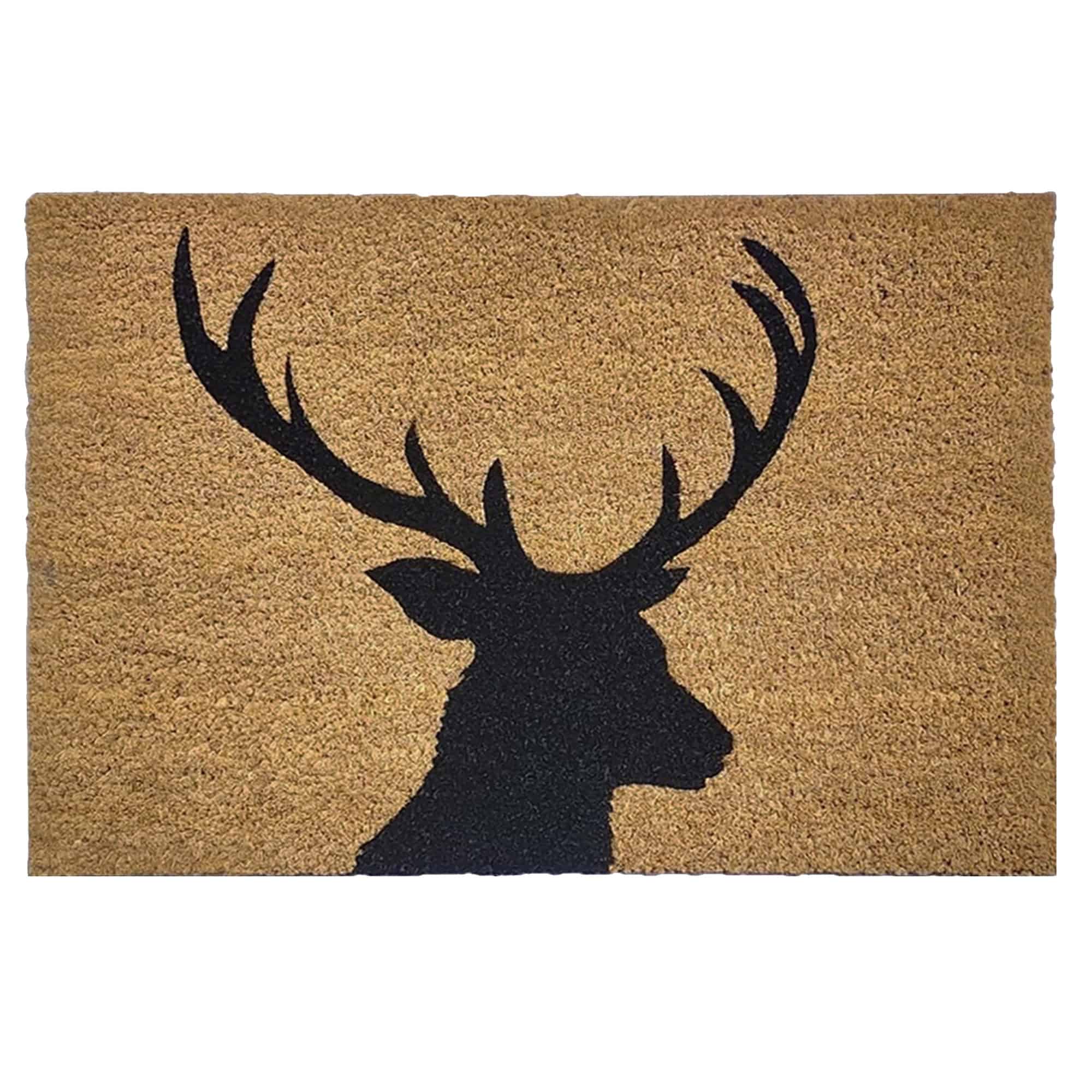 natural coir doormat with black reindeer print on white background