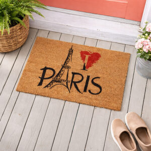 Paris Eiffel doormat on porch with plants coral door