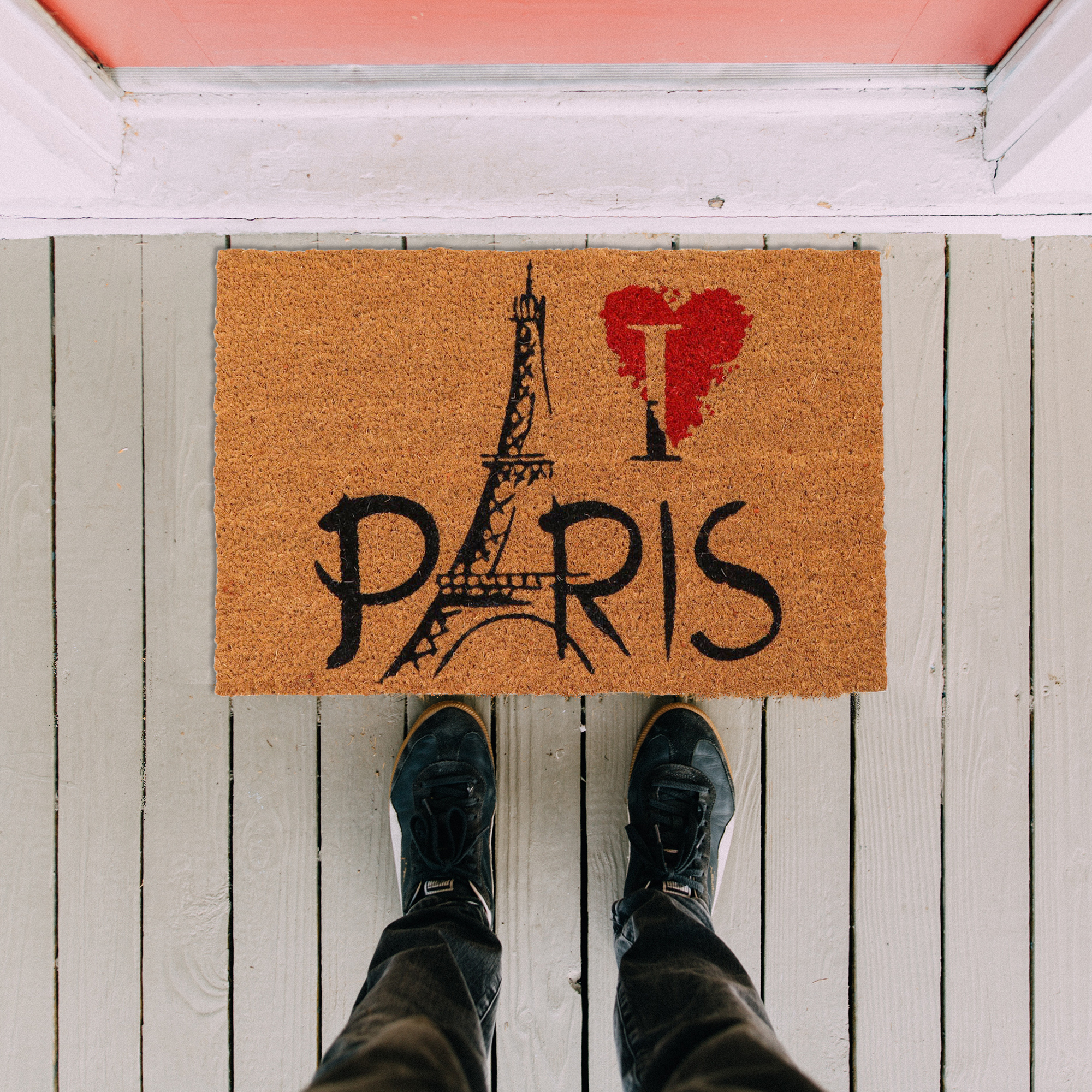 Top view Paris doormat with shoes entryway setting