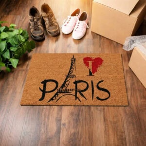Paris coir doormat indoor wood floor with shoes boxes