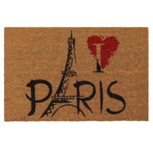 natural coir doormat with I love Paris print on white background