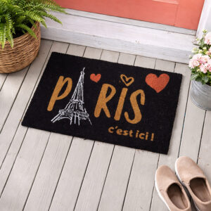 Black Paris doormat in front of red door outdoor entry