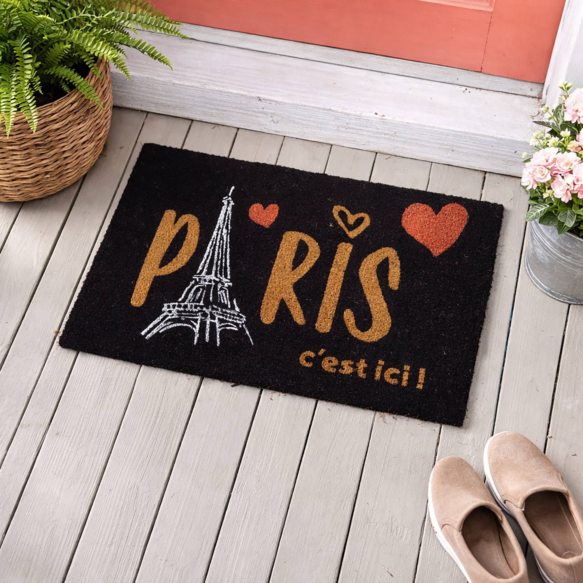 Black Paris doormat in front of red door outdoor entry