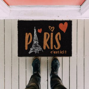 Black Paris coir doormat indoor wood floor shoes boxes