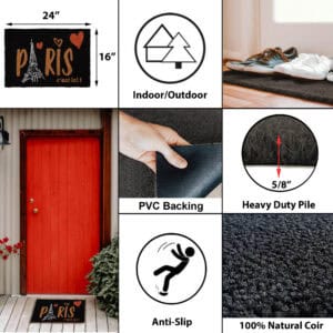 Black Paris coir doormat Eiffel hearts text close view