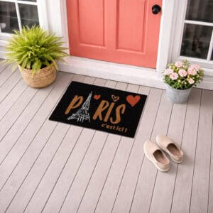 Black Paris doormat angled porch view with shoes