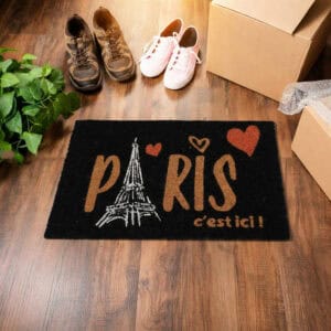Black coir doormat infographic 24x16 indoor outdoor PVC backing