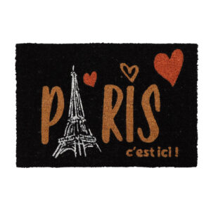 black coir doormat with Paris c'est ici print on white background