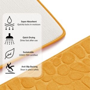 Mustard yellow mat with overlay showing icons and text for super absorbent, quick drying, OEKO-TEX certified, and anti-slip backing features