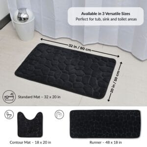 Black pebble bathroom mat displayed in 32x20 in standard size with illustrations of contour and runner shapes and labeled dimensions