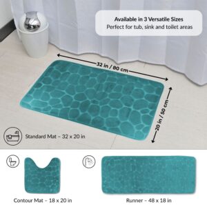 Peacock blue pebble pattern mat displayed with labeled sizes and shapes including standard 32x20 in, contour 18x20 in, and runner 48x18 in