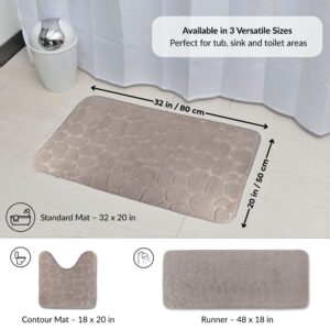 Taupe pebble pattern mat displayed with labeled sizes and shapes including standard 32x20 in, contour 18x20 in, and runner 48x18 in