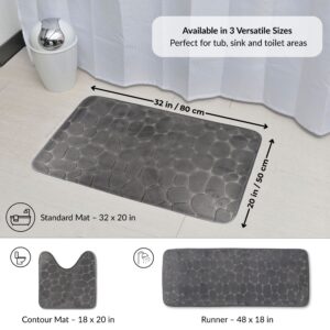 Dark gray pebble pattern mat displayed with labeled sizes and shapes including standard 32x20 in, contour 18x20 in, and runner 48x18 in
