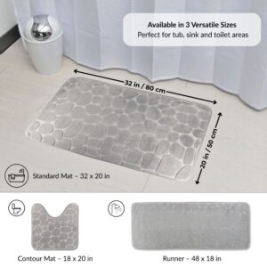 Light gray pebble pattern mat displayed with labeled sizes and shapes including standard 32x20 in, contour 18x20 in, and runner 48x18 in