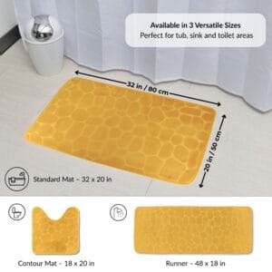 Mustard yellow pebble pattern mat displayed with labeled sizes and shapes including standard 32x20 in, contour 18x20 in, and runner 48x18 in