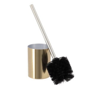 Brushed gold toilet brush with black bristles and chrome handle, holder tilted to show brush
