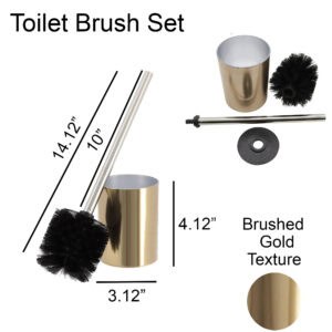 Product diagram showing brushed gold toilet brush set with dimensions and component parts