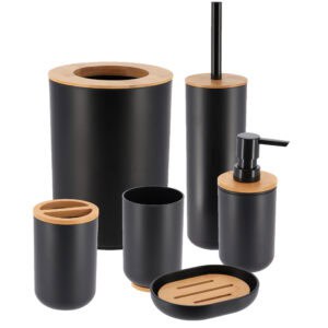 Black bamboo-accent bathroom set displayed on white background