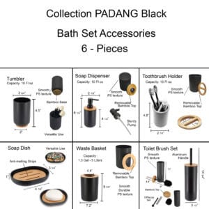 Diagram showing dimensions and features of the black Padang 6-piece bathroom accessory set