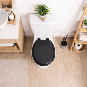Black round toilet seat installed on toilet top view