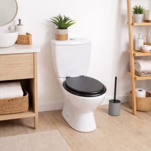 Black round toilet seat installed in contemporary bathroom interior