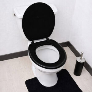 Black round toilet seat open view installed on toilet