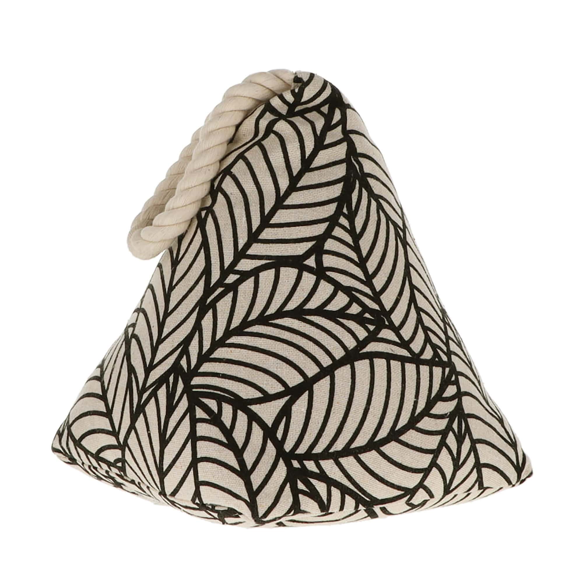 Black leaf print cone door stopper, cone shape in natural fabric with a black leaf pattern and a cream twisted rope loop handle at the top. White background.