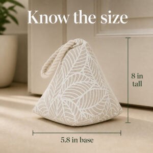 White leaf print cone door stopper on the floor with measurement callouts. On-image text: "Know the size," "8 in tall," "5.8 in base."