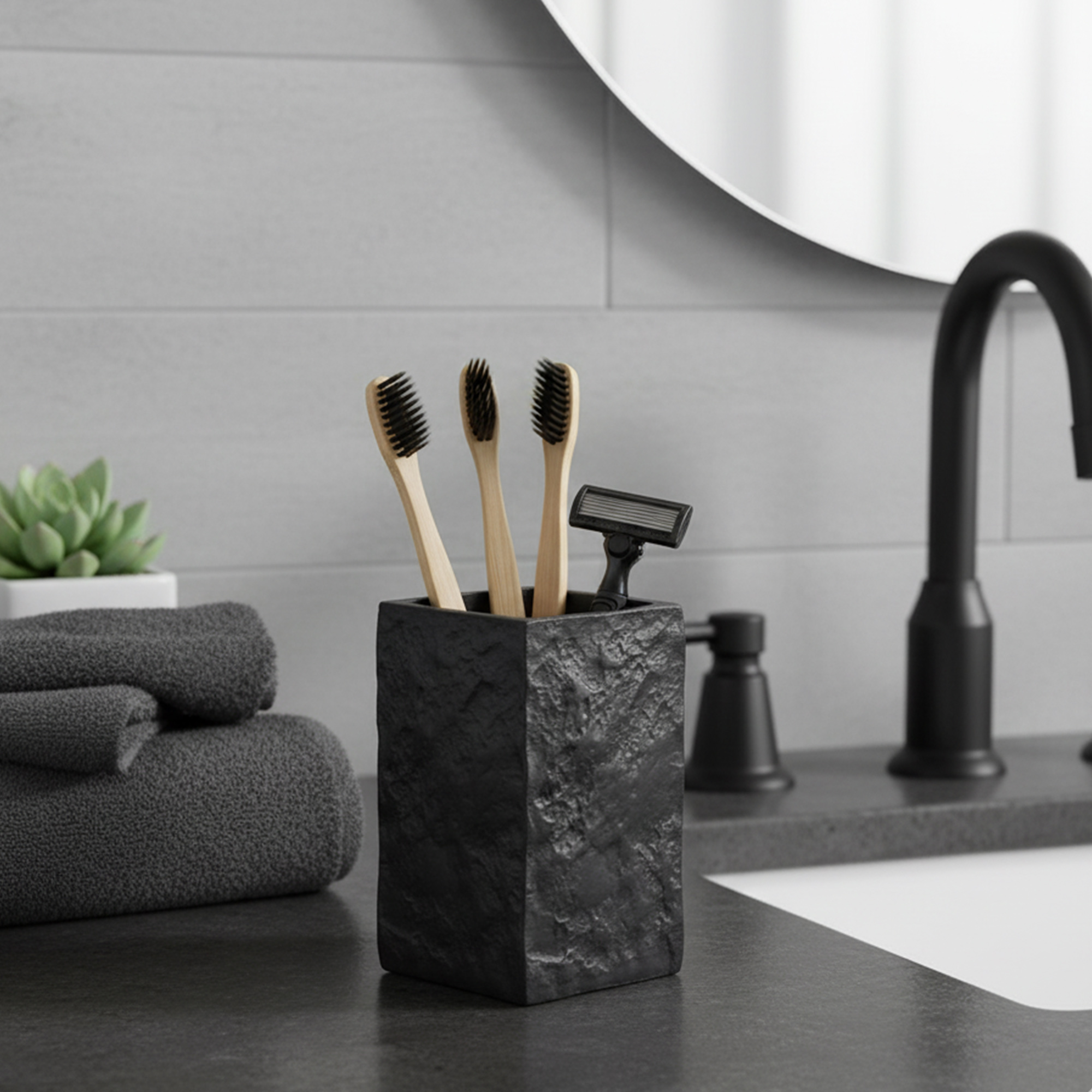 Black stone effect tumbler toothbrush holder with bamboo brushes on sink