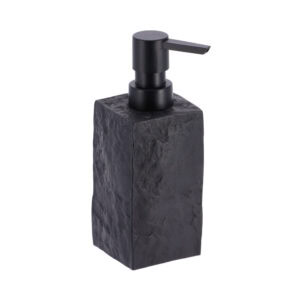 A close-up view of a black stone-effect soap dispenser with a sleek black pump, showcasing its minimalist design.