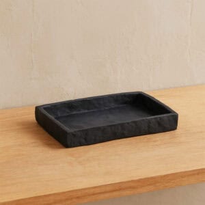 Black stone effect rectangular soap dish on wooden shelf