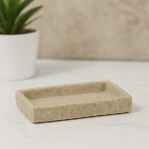 Natural stone effect rectangular soap dish on bathroom countertop