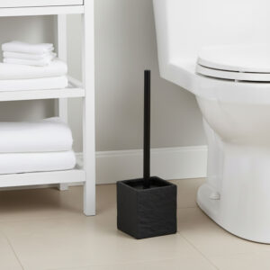 Black stone effect toilet brush holder with black handle in modern bathroom