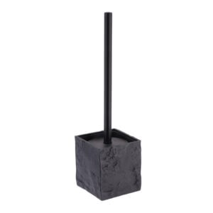 A black stone-effect toilet brush holder with a sleek black handle, showcasing a minimalist and modern design.