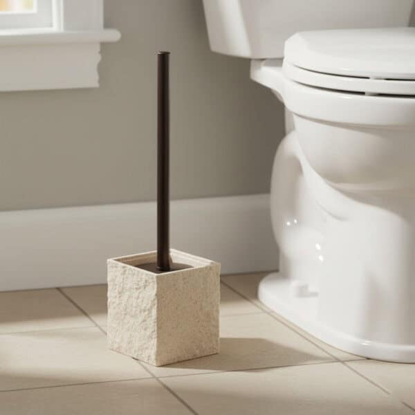 Natural beige stone effect toilet brush holder with black handle beside white toilet